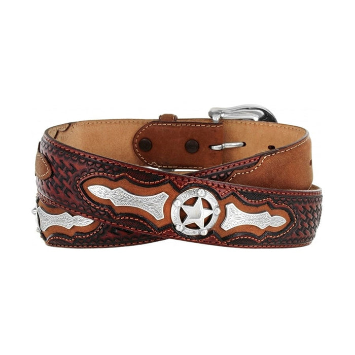 Brighton tooled leather belt with silver-tone star concho, basketweave pattern, and engraved accents on a white background