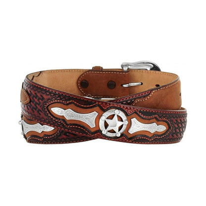 Brighton tooled leather belt with silver-tone star concho, basketweave pattern, and engraved accents on a white background