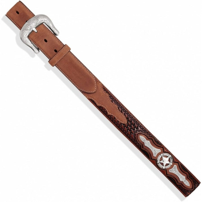 Brighton tan leather belt with engraved silver-tone buckle, basketweave tooling, and star concho accent on a white background