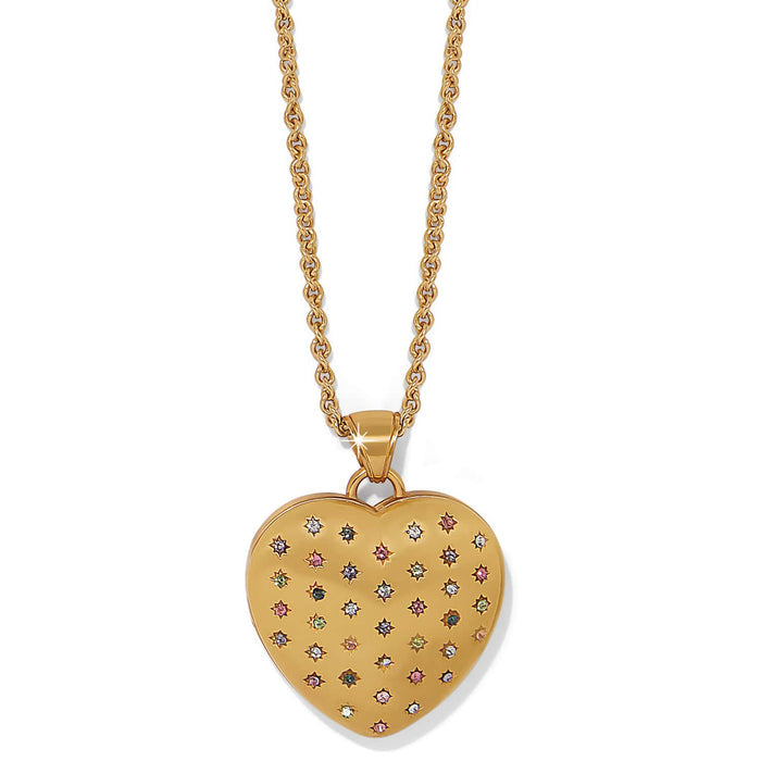Brighton heart pendant necklace with gold-plated finish and multicolor crystals in star settings on a white background