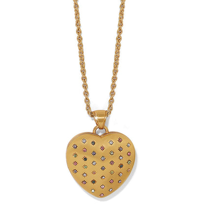 Brighton heart pendant necklace with gold-plated finish and multicolor crystals in star settings on a white background