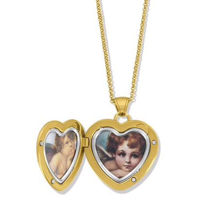 Brighton heart locket necklace shown open with gold-plated finish and cherub images inside on a white background