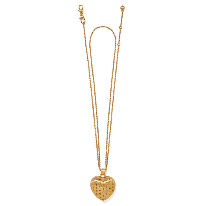 Brighton heart pendant necklace with gold-plated finish and scattered multicolored crystals on a white background