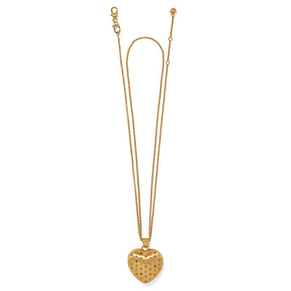 Brighton heart pendant necklace with gold-plated finish and scattered multicolored crystals on a white background