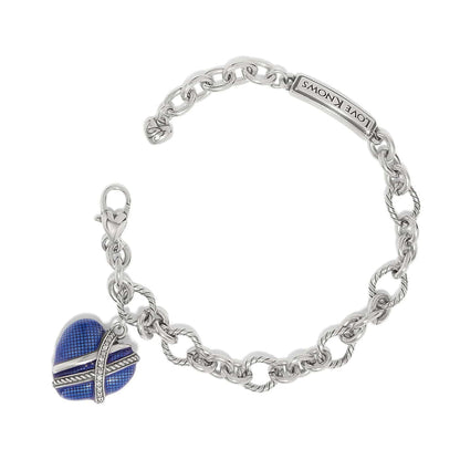 Brighton charm bracelet with silver-plated chain, blue enamel heart charm, and crystal accents on a white background