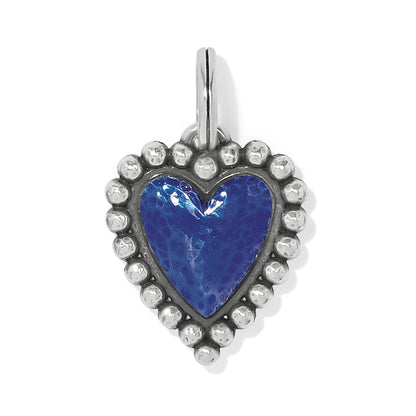 Brighton heart charm with blue enamel center and silver-plated beaded border on a white background