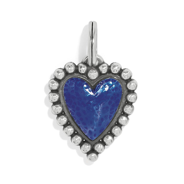 Brighton heart charm with blue enamel center and silver-plated beaded border on a white background