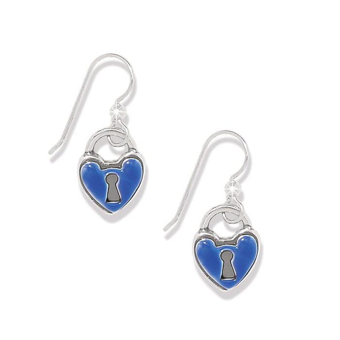 Brighton drop earrings with blue enamel heart-shaped padlock charms and silver-plated hooks on a white background