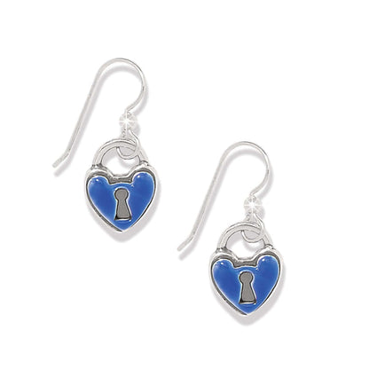 Brighton drop earrings with blue enamel heart-shaped padlock charms and silver-plated hooks on a white background