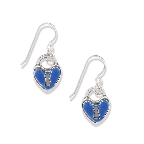 Brighton drop earrings with blue enamel heart-shaped padlock charms and silver-plated hooks on a white background