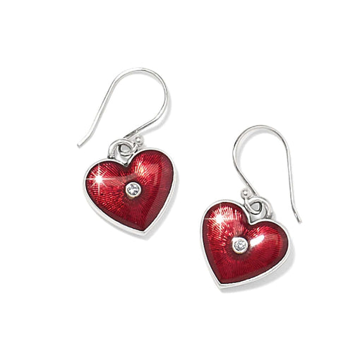 Brighton drop earrings with red enamel hearts, silver-plated finish, and crystal centers on a white background