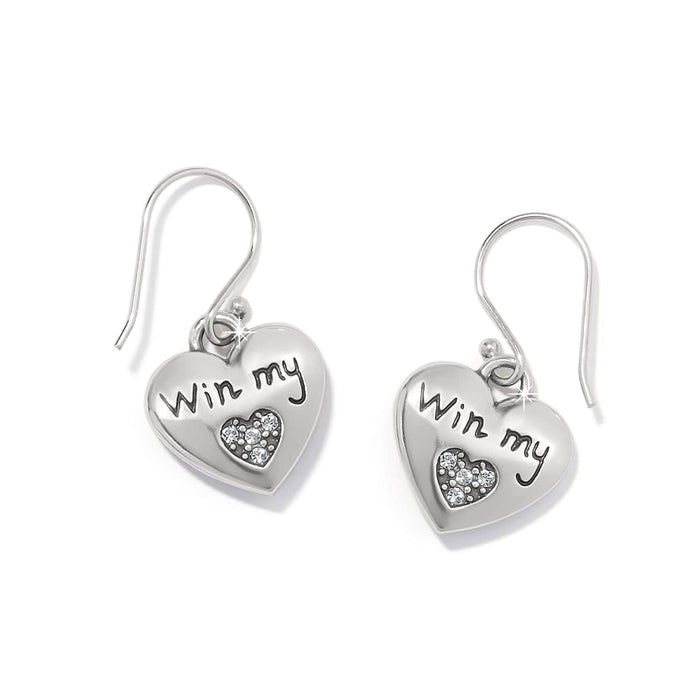 Brighton drop earrings with silver-plated heart charms engraved Win my and crystal heart accents on a white background