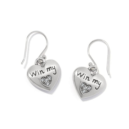 Brighton drop earrings with silver-plated heart charms engraved Win my and crystal heart accents on a white background