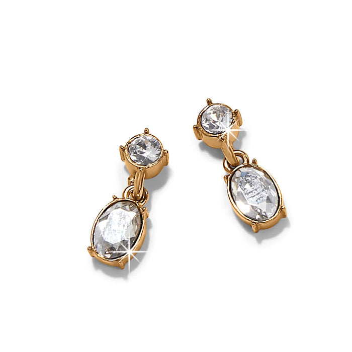 Brighton drop earrings with round and oval crystals set in gold-plated settings on a white background