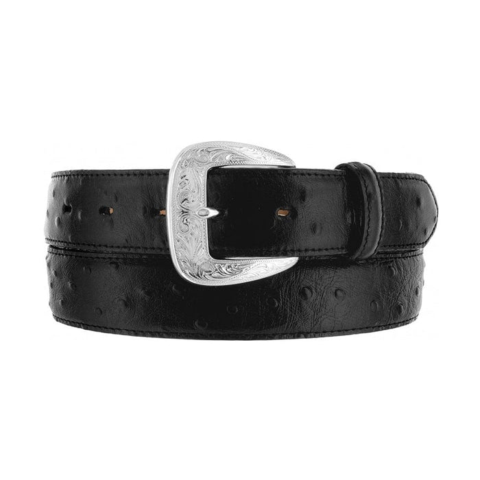 Brighton black leather belt with ostrich texture and engraved silver-tone buckle on a white background