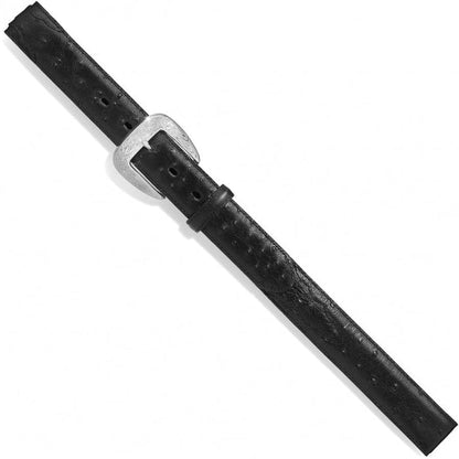 Brighton black ostrich-textured leather belt with engraved silver-tone buckle on a white background
