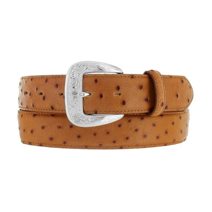 Brighton tan leather belt with ostrich texture and engraved silver-tone buckle on a white background
