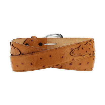 Brighton tan ostrich-textured leather belt with silver-tone buckle and decorative stitched overlay accents on a white background