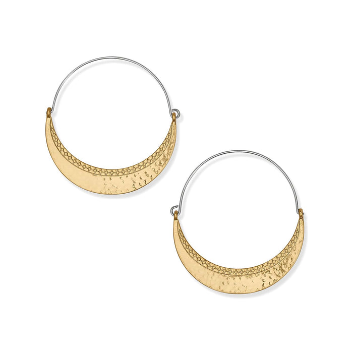 Brighton hoop earrings with gold-plated crescent crests, hammered texture, scalloped engraving, and silver-plated wires on a white background