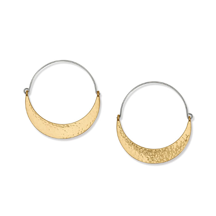 Brighton hoop earrings with hammered gold-plated crescent panels and thin silver-plated wire hoops on a white background