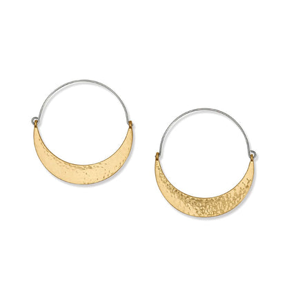 Brighton hoop earrings with hammered gold-plated crescent panels and thin silver-plated wire hoops on a white background