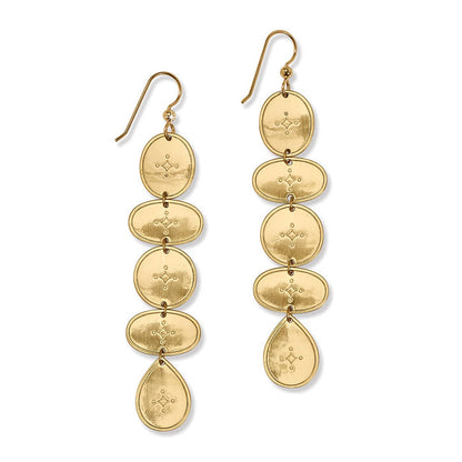 Brighton drop earrings with gold-plated oval and teardrop discs featuring engraved star motifs on a white background