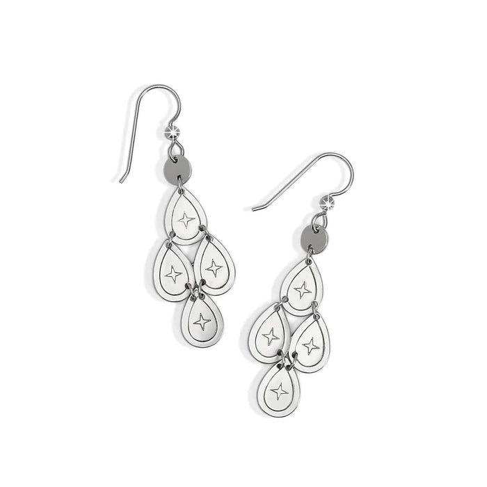 Brighton chandelier drop earrings with silver-plated teardrop charms featuring engraved star details on a white background