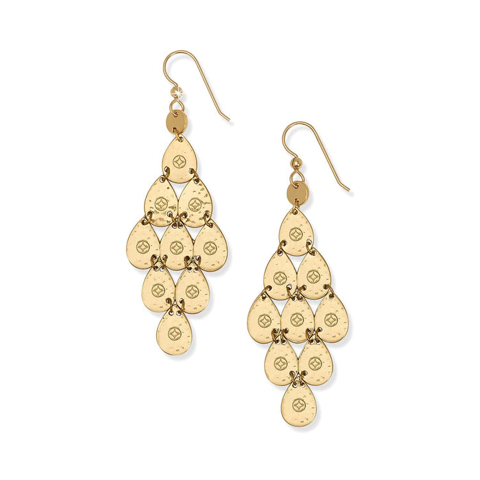 Brighton chandelier drop earrings with cascading gold-plated teardrop discs and stamped medallion details on a white background
