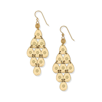 Brighton chandelier drop earrings with cascading gold-plated teardrop discs and stamped medallion details on a white background