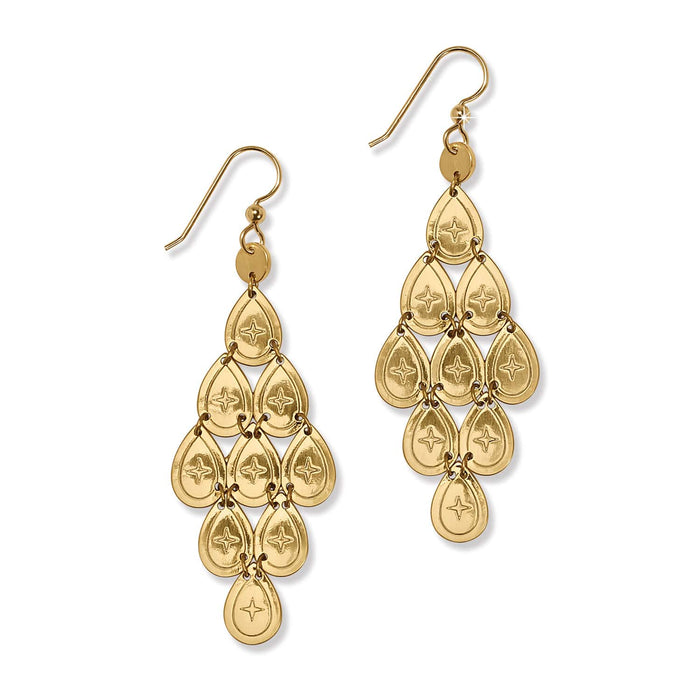 Brighton chandelier drop earrings with gold-plated teardrop charms and engraved star motifs on a white background