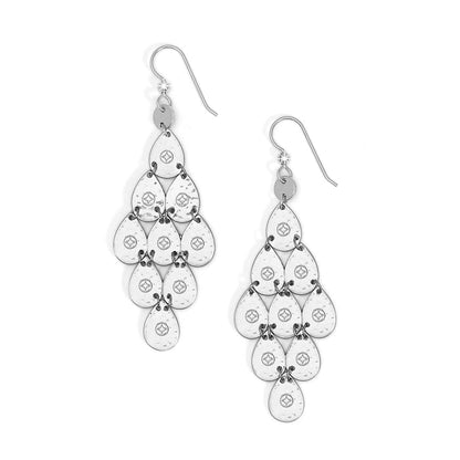 Brighton chandelier drop earrings with cascading silver-plated teardrop charms featuring engraved star motifs on a white background