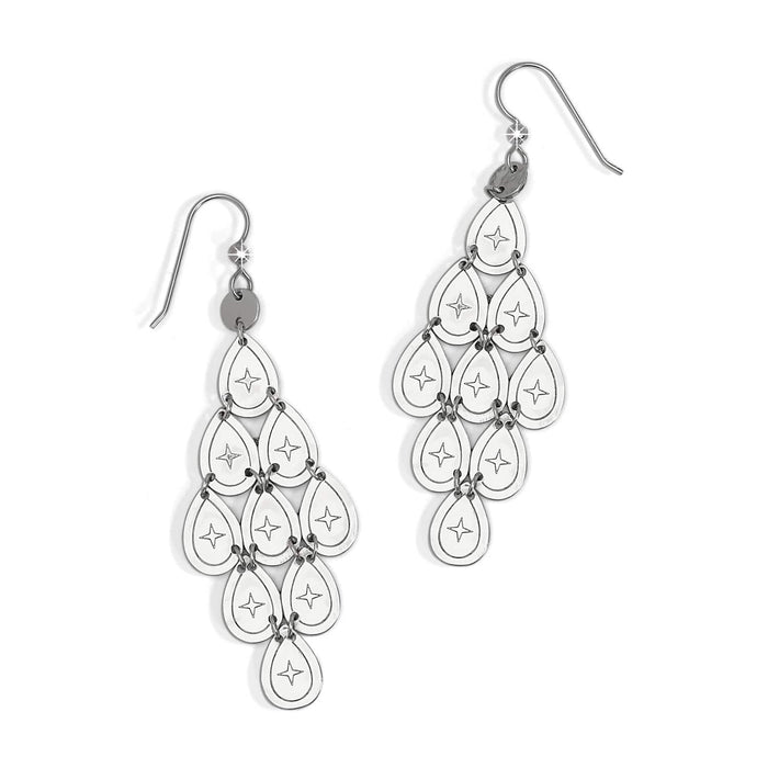 Brighton chandelier drop earrings with silver-plated teardrop tiers featuring engraved star motifs and hook wires on a white background