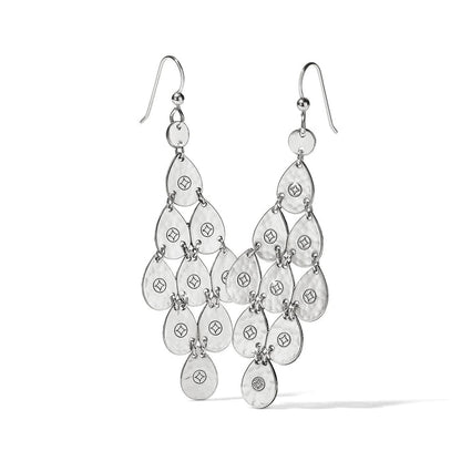 Brighton chandelier drop earrings with cascading hammered silver-plated teardrops featuring engraved diamond motifs on a white background