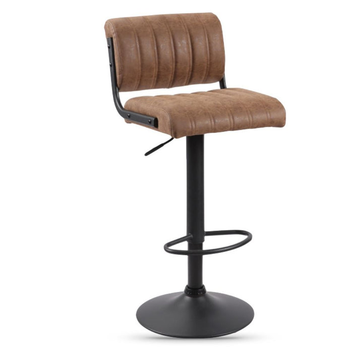 Brown leather bar stool with black metal base on a white background