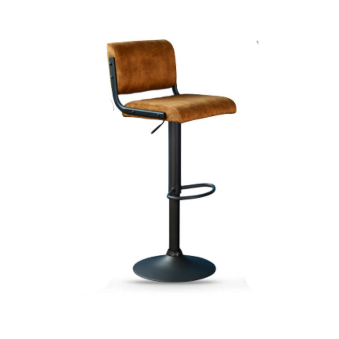 Bar stool with rust coloured cushioned seat and black metal frame on a white background