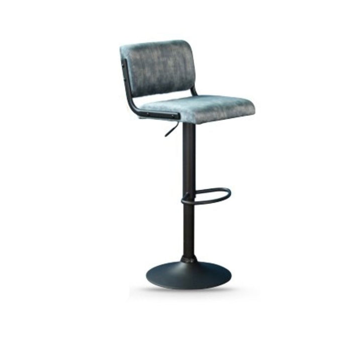 Stone blue cushioned bar stool with black metal legs on a white background