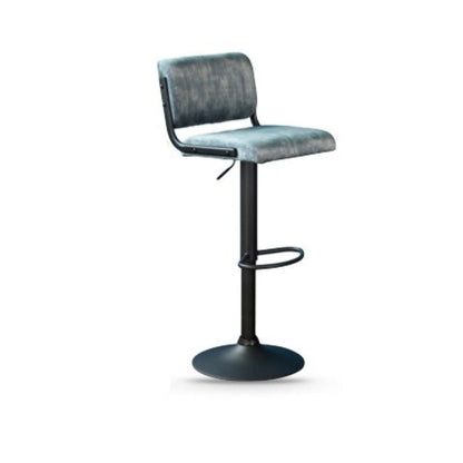 Stone blue cushioned bar stool with black metal legs on a white background