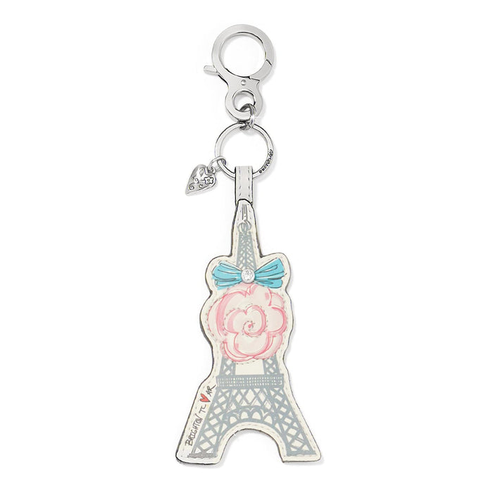 Brighton Eiffel Tower leather key fob with pink rose, blue bow, crystal accent, and silver-tone clasp on a white background