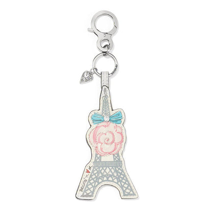 Brighton Eiffel Tower leather key fob with pink rose, blue bow, crystal accent, and silver-tone clasp on a white background