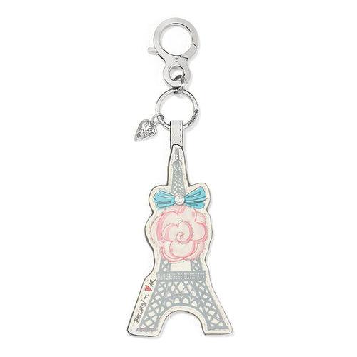 Brighton Eiffel Tower leather key fob with pink rose, blue bow, crystal accent, and silver-tone clasp on a white background