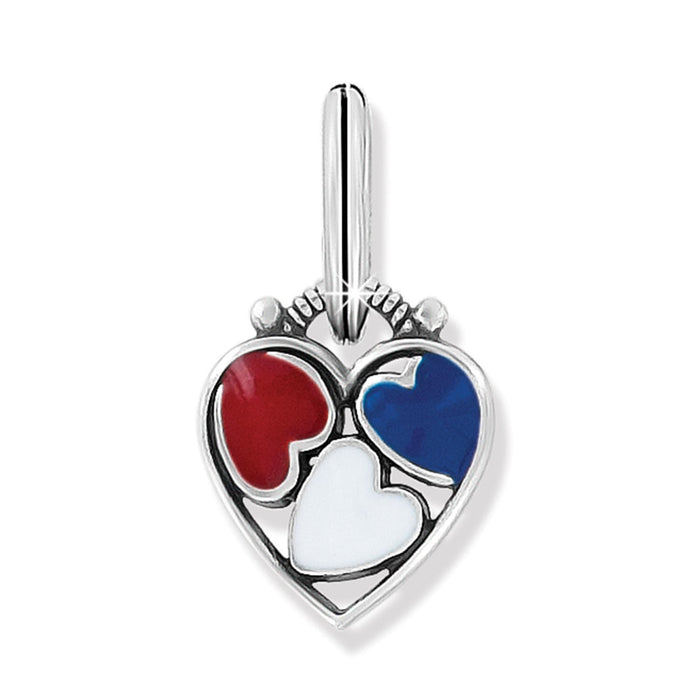 Brighton heart charm with red, white, and blue enamel hearts and silver-plated frame on a white background
