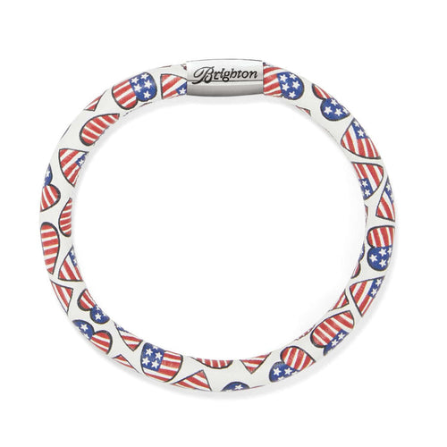 Brighton leather bracelet with American flag heart print and silver-plated magnetic clasp on a white background