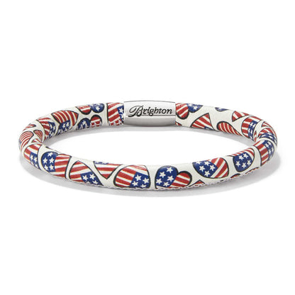Brighton leather bracelet with American flag heart print and silver-plated magnetic clasp on a white background