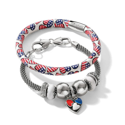 Brighton bracelets with American flag heart print leather band and silver-plated mesh charm bracelet on a white background