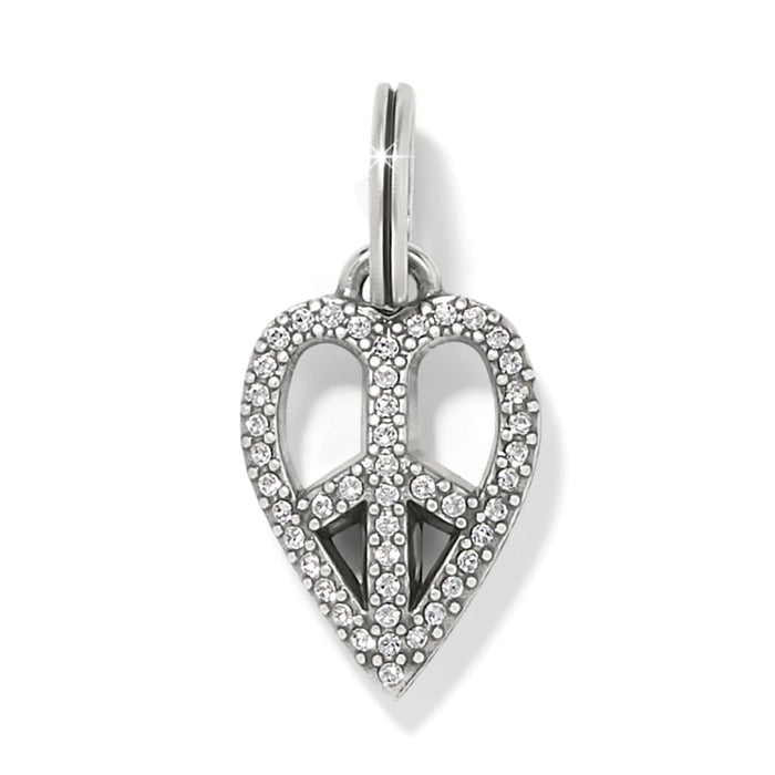 Brighton heart charm with peace sign design, silver-plated finish, and pavé crystal accents on a white background