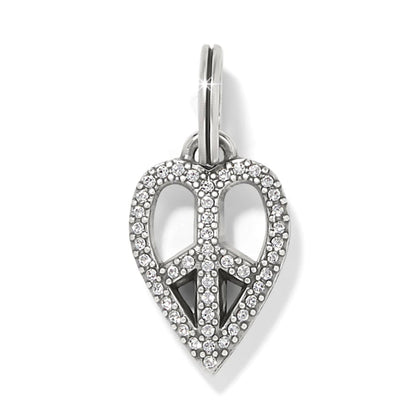 Brighton heart charm with peace sign design, silver-plated finish, and pavé crystal accents on a white background