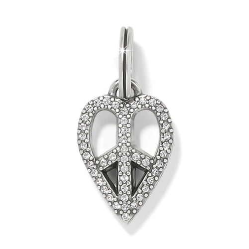 Brighton heart charm with peace sign design, silver-plated finish, and pavé crystal accents on a white background