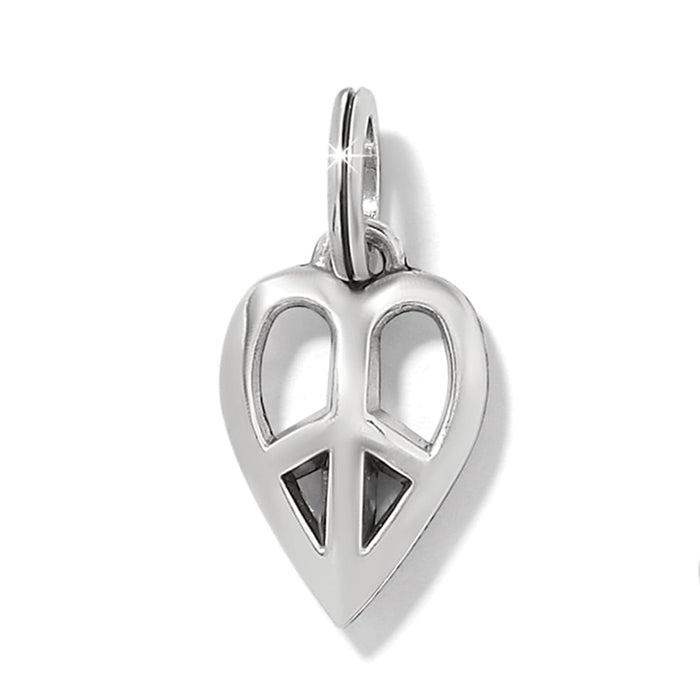 Brighton heart-shaped peace sign charm with silver-plated finish and polished cutout detail on a white background