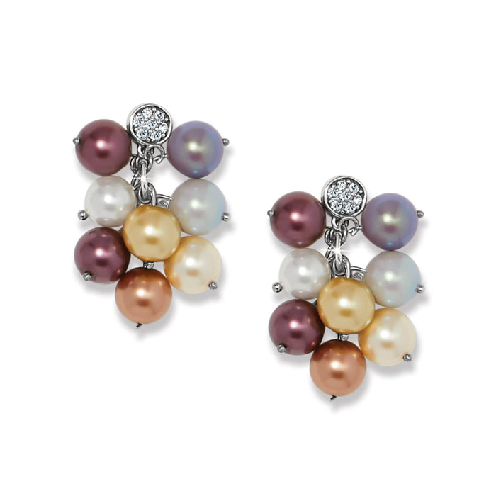 Brighton drop earrings with multicolored glass pearl clusters and silver-plated crystal accents on a white background