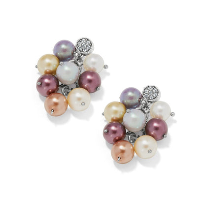 Brighton cluster earrings with multicolor glass pearls and silver-plated crystal accents on a white background